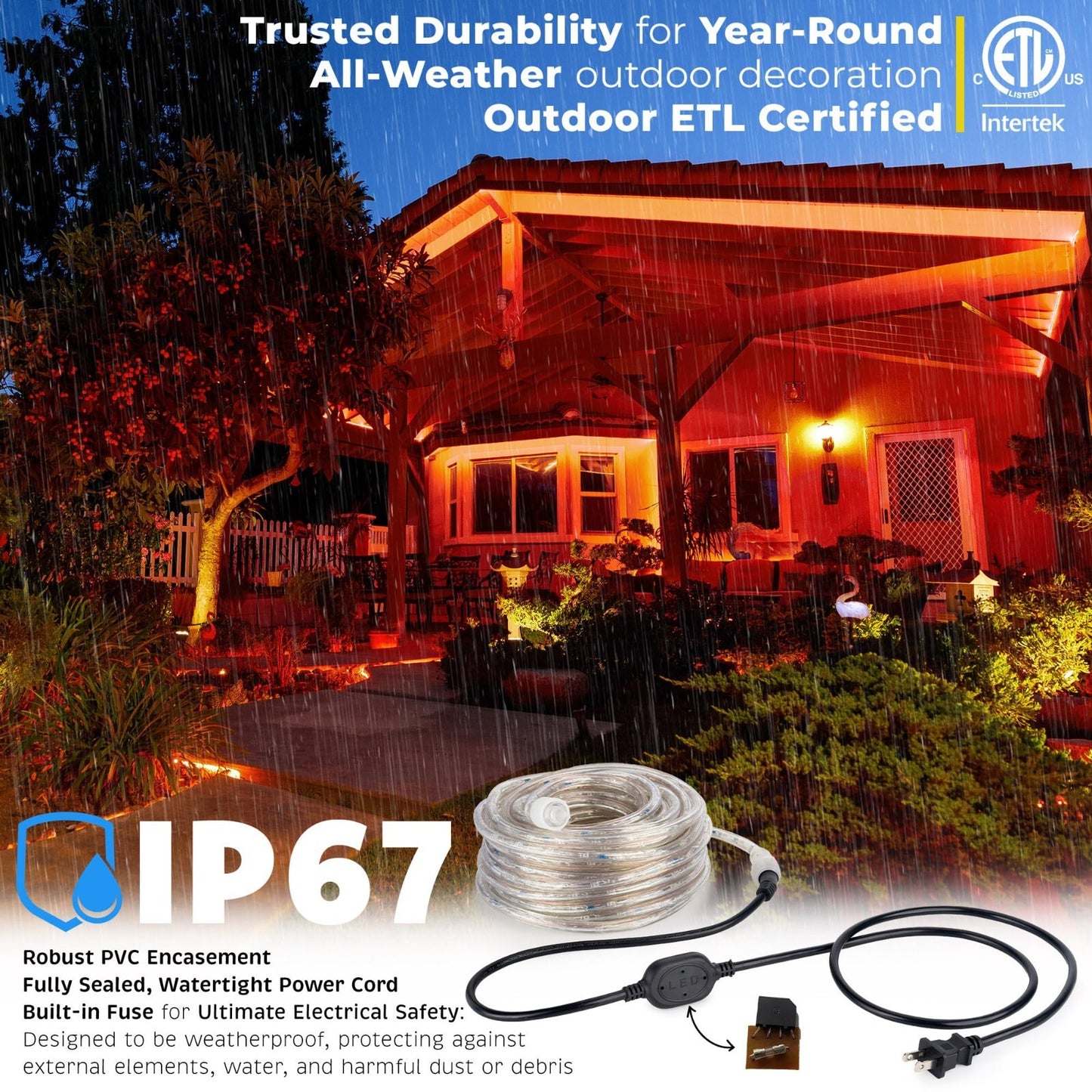 10' 20' 25' 50' 100' 150ft Outdoor LED Rope Light Water-Resistant Extend to 300'